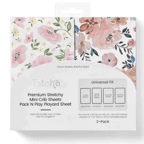 Graco Pack and Play Sheets Fitted, TotAha Buttery Soft Mini Crib Sheets Girl, Floral Pack N Play Mattress Sheets Hypoallergenic, Premium Jersey Playrad Sheets, Meredith Allover & Pale Pink, 2 Pack