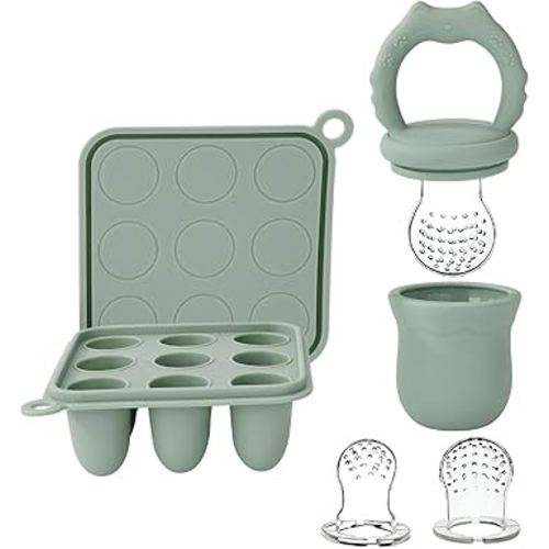 Socub Silicone Baby Fruit Food Feeder & Baby Food Freezer Tray Set, milk Popsicle Molds for Baby Teething Relief, Baby Food Pacifier Feeder for Self Feeding, Include 3 Sizes Food Pouch (Sage)