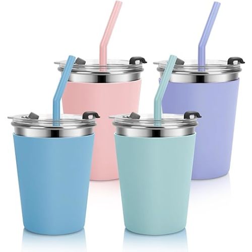 Kids Cups with Straws and Lids Leak Proof, 10oz Sippy Cups for Toddlers 1-3, Spill Proof Cups Stainless Steel Kids Cups with Lids for School, Outdoor, 4 Pack