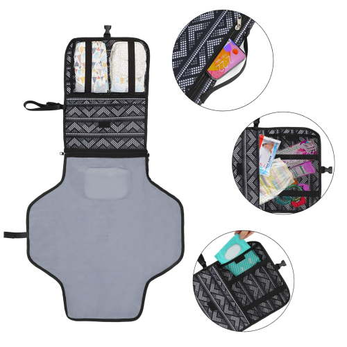 Baby Portable Changing Pad, Diaper Bag, Travel Mat Station Solid Black Compact, has a soft cushioned pillow for airplane travel and everyday use