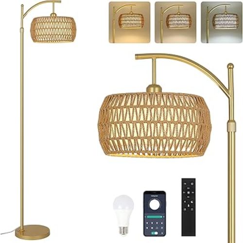 Arc Floor Lamp with 3 Color Temperatures, LED Gold Floor Lamp with Remote & Stepless Dimmable Bulb, Boho Standing Lamp with Rattan & Fabric Shades, Farmhouse Tall Lamp for Living Room Bedroom