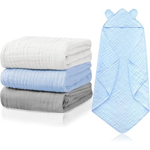 Preboun 3 Pcs Muslin Baby Bath Towel with Hood 6 Layers Cute Hooded Baby Towels Cotton Absorbent Baby Hooded Towel for Newborn Kids Girl Infant Boys Toddler Shower Gift Supplies (Grey,Blue,White)