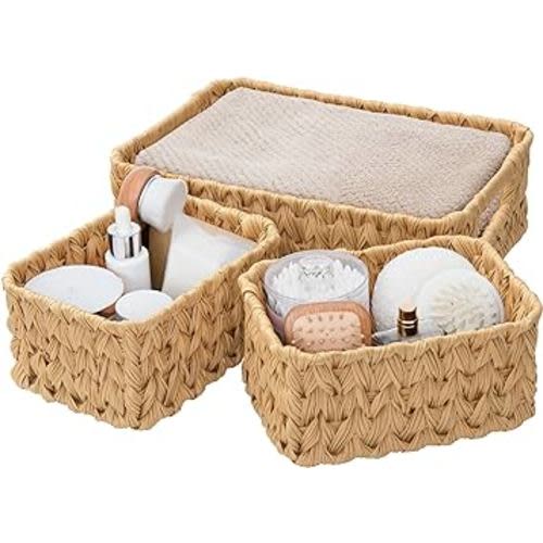 GRANNY SAYS Storage Baskets for Shelves, Wicker Baskets for Organizing, Waterproof Storage Baskets with Handles, 1 Large and 2 Small Wicker Baskets, Nature, 3-Pack
