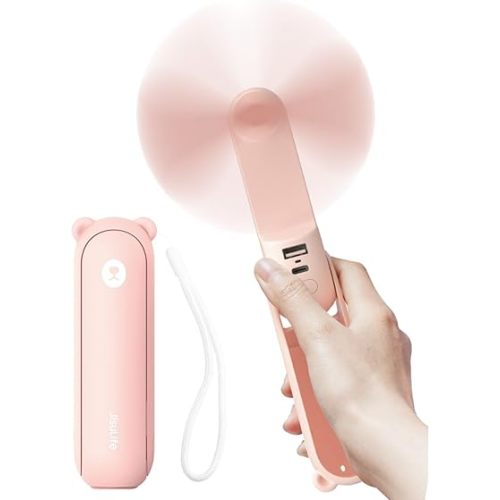 JISULIFE Handheld Fan with 4500 mAh Powerbank Max 37 Hours Runtime, Pocket Portable Battery Operated or USB Powered Folding Personal Fan, 3 Speeds, Gifts for Women Men Kids Gift for Festival-Pink