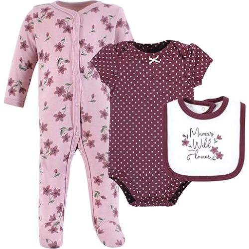 Hudson Baby Infant Girl Cotton Sleep and Play, Bodysuit and Bandana Bib Set, Plum Wildflower, Newborn