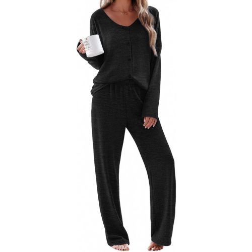 Ekouaer Womens Pajama Sets Button Up Long Sleeve Pjs Soft Lounge Set 2 Piece Sleepwear with Pockets