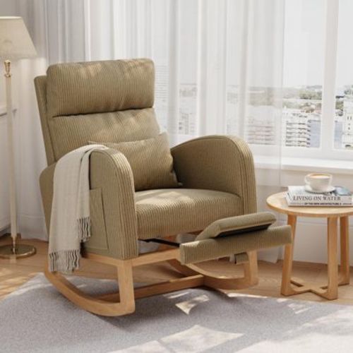 Corduroy Nursery Rocking Chair with Footrest, Modern Upholstered Glider Chair with Side Pockets & Pillow, Rocker Chair for Living Room Bedroom, Brown