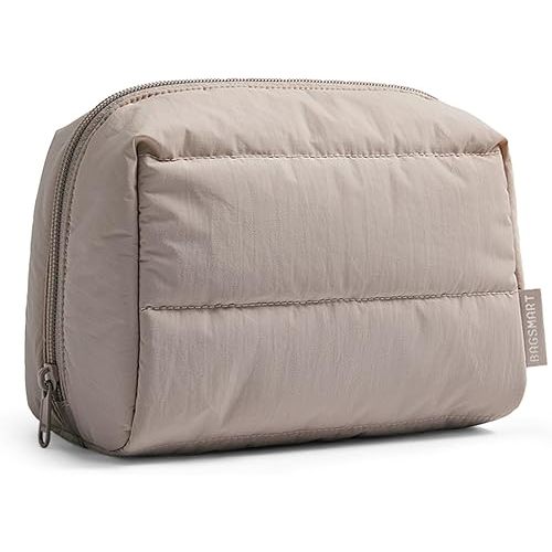 BAGSMART Puffy Makeup Bag, Wide Opening Cosmetic Bag Compact & Spacious, Water-Resistant Travel Organizer Pouches for Women (Camel)
