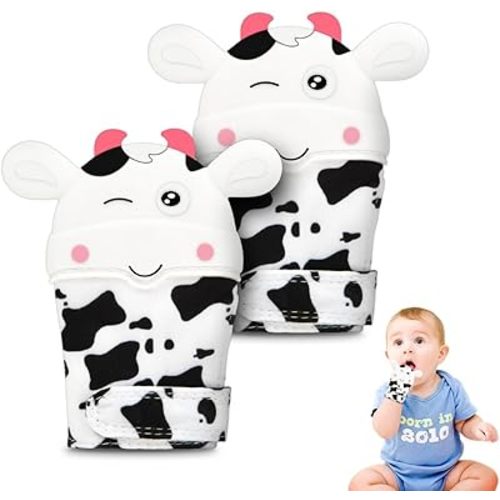 2Pack Silicone Teething Mitt, Cow Baby Teething Toy for 0-6 6-12 Months, Food Grade Silicone Infant Teething Mitten, BPA-Free Baby Chew Toys for Pain Relief, Sucking Needs