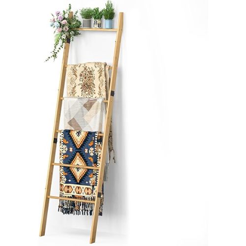 BAMBANG 6-Tier Blanket Ladder for Living Room, Blanket Quilt Ladder Rack Rustic Decorative Towel Holder, Wall Leaning Blanket Ladder Shelf Storage Farmhouse Decor for Bedroom Bathroom, Natural