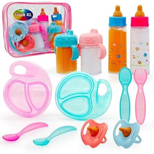 Baby Doll Accessories Magic Bottle set Magic Disappearing Milk Juice Bottles Sippy Cups with Pacifiers Bowl Spoons, Doll Bottle Toys Feeding Pretend Playset for Kids Girls Ages 3+ (Middle set(12pcs))