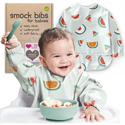 Waterproof Smock Baby Bibs for Eating (Boy or Girl 6-24 Months) - Toddler Long Sleeve Bib for Baby Led Weaning