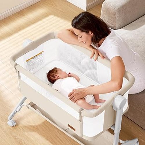 Bassinet Bedside Sleeper - All-Mesh Design, Portable Bedside Bassinet for Baby with Washable Mattress, 5 Adjustable Heights(Beige)
