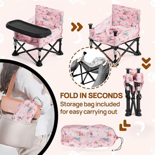 Portable Baby Chair Baby Beach Chair,Baby Camping Chair with Tray for Baby Girl,Design Straps to Kitchen Chairs,Indoor/Outdoor Use(Pink)