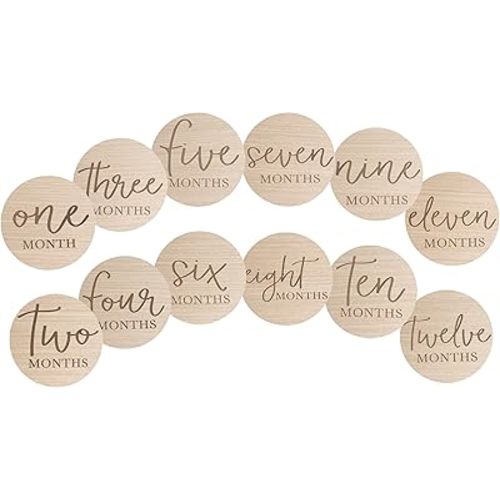 Wooden Milestone Photo Cards - Double-Sided Baby Announcement Discs, Ideal Photo Prop for Monthly Pregnancy Journey and Baby Milestones, 1-12 Months, Light Wood