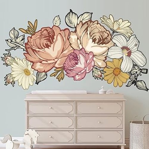 38.6'' Large Peony Floral Wall Decal Peel and Stick Retro Flowers Wall Stickers Removable Boho Wall Decals for Kids Girls Toddler Bedroom Baby Nursery Wall Decor Flower Wall Sticker