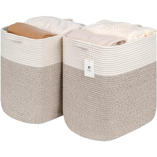Tall Storage Baskets for Clothes Fabric Cotton Rope Storage Basket bin with Handles, Decorative Woven Basket for Living Room,Closet Organizer Blankets, and 2bags Brown 17.8×W12.5×H17.9)