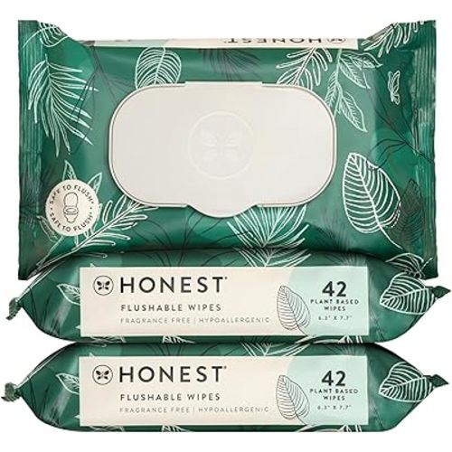 The Honest Company Flushable Wipes for Sensitive Skin | Fragrance Free, Hypoallergenic, 99% Water, Safe to Flush | Tropical Leaves, 126 Count