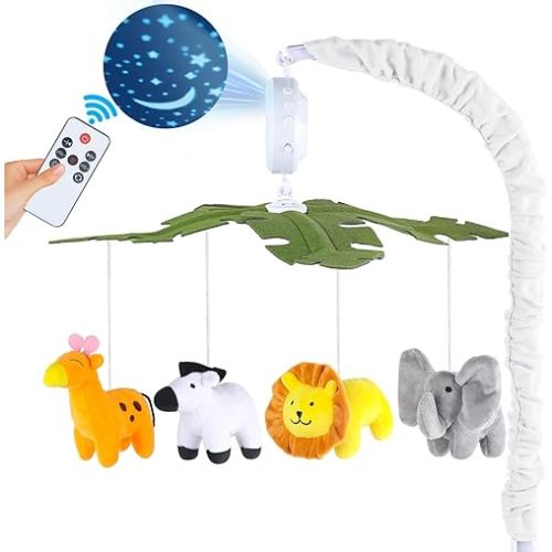 Baby Crib Mobile with Music and Lights, Mobile for Crib with Remote Control, Rotation, Starlight Projection, Crib Toys for Babies Boys Girls(Green)