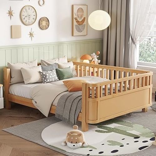 Full Size Kids Bed Frame, Low Profile Montessori Bed Full with Rails, Wood Daybed for Girls & Boys, No Spring Box Required, No Squeaks, Natural