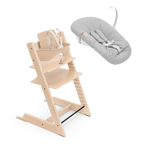 Stokke Tripp Trapp High Chair 2 with Newborn Set and Tray, Natural/Grey | Includes Chair, Newborn Set, Removable Harness, Tray, Ages 0-36 Months, Solid Wood, Adjustable 5-Point Harness