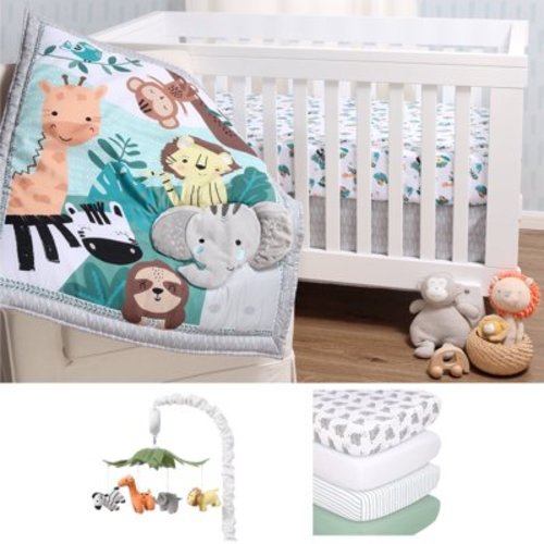 The Peanutshell Safari Adventures 8 Piece Baby Nursery Crib Bedding Set, Quilt, Crib Sheets, Crib Skirt, and Mobile