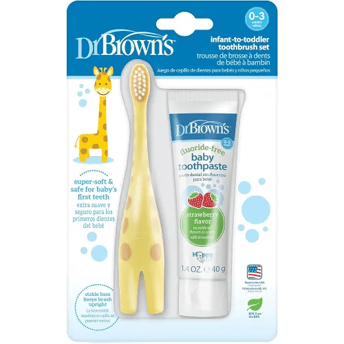 Dr. Brown's Infant-to-Toddler Training Toothbrush Set with Fluoride-Free Baby Toothpaste, Strawberry - Giraffe - 1.4oz - 0-3 years