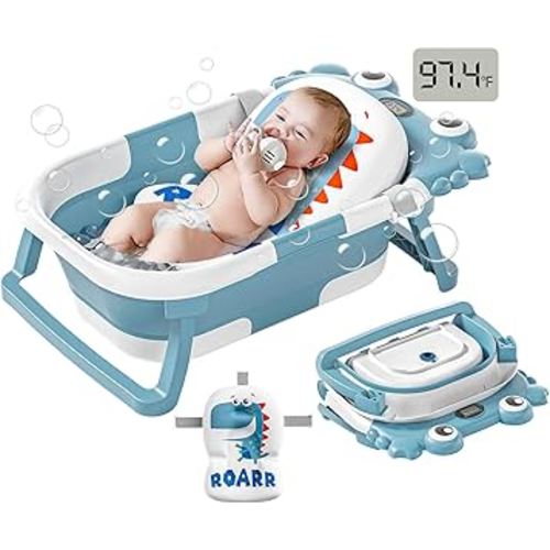 Collapsible Baby Bathtub for Newborns to Toddler with Real-time Temp Monitor & Floating Cushion,Portable Travel Tub for 0-36 Month, Foldable Baby Bath Tub for Infants Boy (Light Blue)