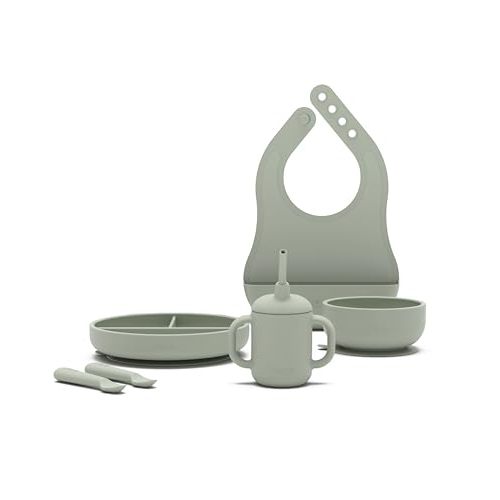Lalo First Bites Silicone Baby Feeding Set - Baby Led Weaning Supplies - Non-Toxic Silicone - Includes 1 Bib, 2 Spoons, Training Cup, Suction Plate and Bowl - 6 Pieces - Sage