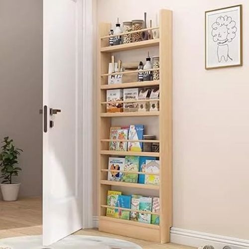 Behind The Door Shelf, 24 inch Solid Wood Bookcase 2-6 Tier Thin Bookshelf for Narrow Spaces, Modern Vertical Bookshelf Floor Mount for Kids Bedroom(Width 28in,6 Shelf)