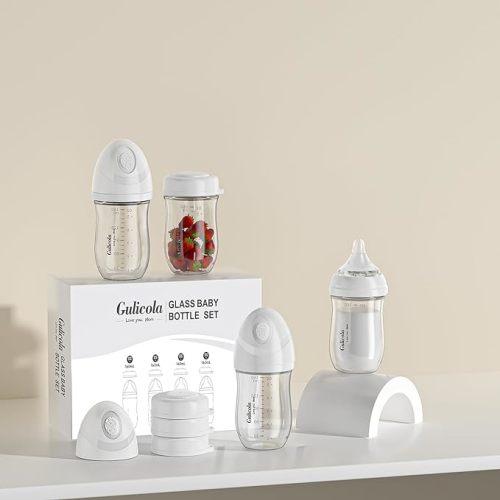 Gulicola Natural Glass Baby Bottle 4 Pack, Newborn Breastfeeding Bottles Set, Extra Slow Flow Nipples (SS), Anti Colic, 0 Months+, 5 oz - White