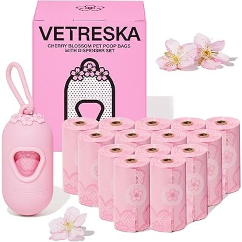 VETRESKA Dog Poop Bag Dispenser with Cherry Blossom Scented Bags, Leak Proof and Extra Thick Pet Waste Bags 1 Poop Bag Holder and 225 Bags for Walking Dogs & Cats Litter