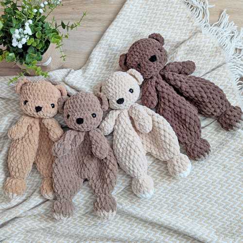 Teddy Bear Snuggler toy - Cute crochet lovey Baby Animal - Plush nursery Cuddler decor for Children - First Birthday Gift - Baby shower