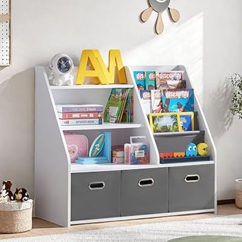 Kids Bookshelf and Toy Storage, 3-Tier Wooden Montessori Bookshelves with 3 Fabric Boxes, Montessori Toy Shelf, Classroom Bookshelf Nursery Book Shelves Toddler Book Shelf for Kids Rooms