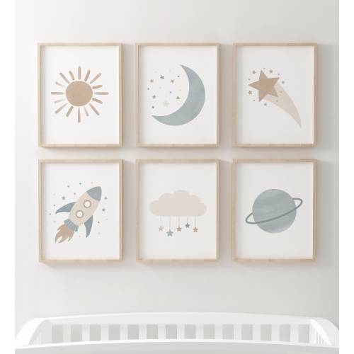 Outer Space Prints Set of 6, Moon Stars Rocket Sun, Space Posters, PRINTABLE Wall Art, Kids Room Decor, Boys Room Decor, DIGITAL DOWNLOAD