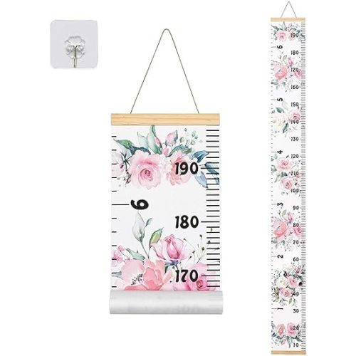 Canvas Kids Growth Chart for Wall, Floral Height Measurement Tracker for Baby Girl, Hanging Ruler with Removable Hook, Nursery Room Playroom Toddler Bedroom Decor, 79”x7.9” Pink