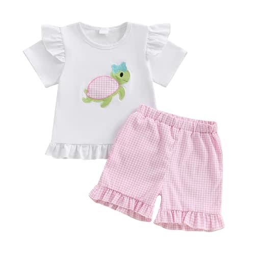 xkwyshop Toddler Infant Baby Girl Summer Outfit Whale Ruffle Short Sleeve T-Shirt Tops Plaid Shorts Set Fishing Clothes