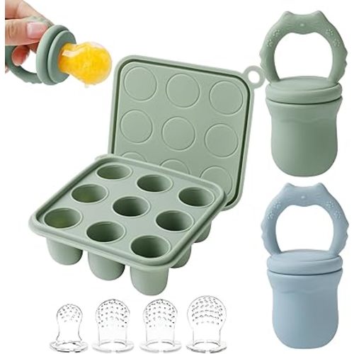 Baby Fruit Food Feeder Teether & Baby Food Freezer Tray Combo, Teething Popsicle Molds for Babies 3-6, 12 Months, Food Feeder for Infant Self Feeding, Food Storage Containers Freezer(Sage)