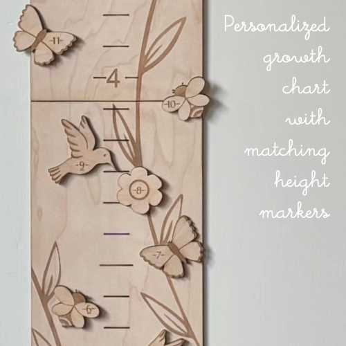 Personalized Wooden Growth Chart w/ Height Markers,Wood Height Chart for Kids,Personalized Baby Gift,Woodland Nursery Wall Decor,Wildflowers