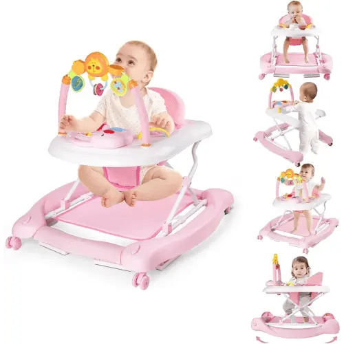 5-in-1 Baby Walker, Baby Walkers for Boys Girls 6-12 Months, Foldable Activity Walker, Toddler Infant Walker with Bouncer, Adjustable Height, Removable Footrest, Feeding Tray, Music