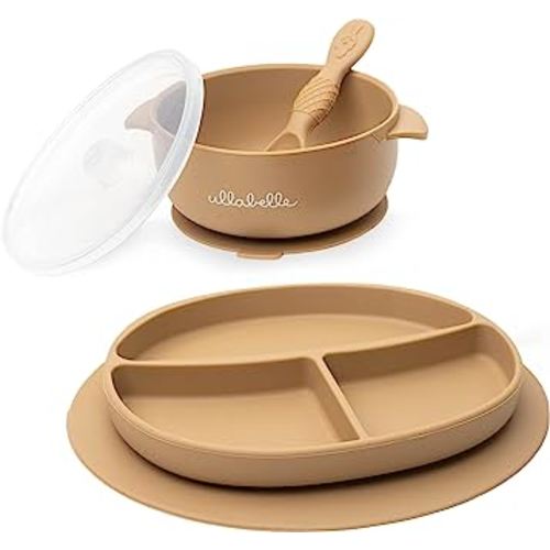 Suction Toddler Plates & Bowls Complete Set w/Spoon- BPA Free 100% Food Grade Silicone- Microwave & Dishwasher Safe Baby Suction Plate, Suction Bowl w/Lid, & Spoon- (Cocoa))