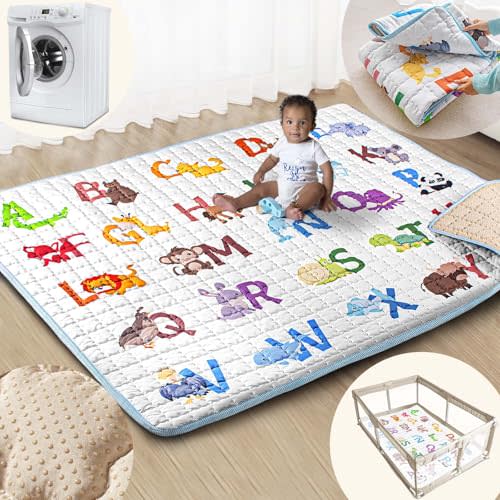 Beavtaens Baby Play Mat, 71x59 Playpen Mat with Super Soft Touch, Activity Playmat with Upgraded Anti-Slip Bottom, Machine Washable Crawling Playmat for Floor & Picnic (Animal Alphabets)