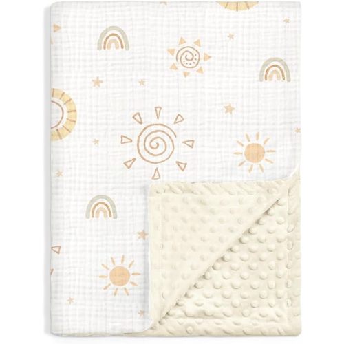 Sun Baby Blankets for Boys Girls, Soft Nursery Minky Blankets with Muslin and Dotted Fleece Back 30x40 inches, Receiving Bed Quilt for Newborn, Infants, Toddlers