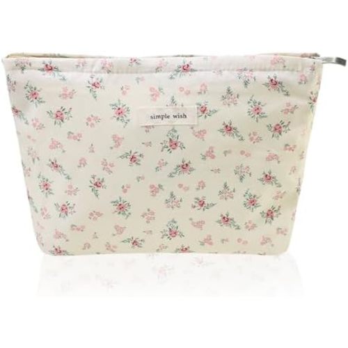 Wudygirl Large Capacity Makeup Pouch Aesthetic Cute Makeup Bag Canvas Toiletry Bag Pencil Pouch with Zipper (Beige and Small Floral)