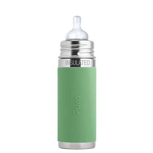Pura Kiki 7oz/200ml Stainless Steel Insulated Anti-Colic Infant Bottle w/Silicone Medium-Flow Nipple & Sleeve, 100% Plastic-Free, MadeSafe Certified, for Kids, Toddlers, Babies & Infant - Moss