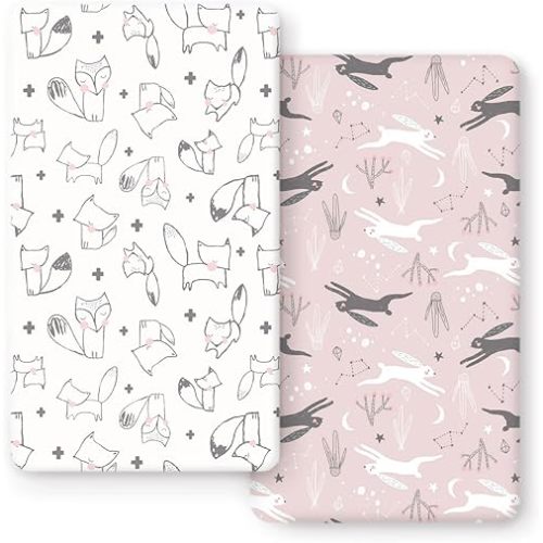 GRSSDER Stretchy Ultra Soft Jersey Knit Fitted Crib Sheets Set 2 Pack, Cozy Crib Sheet Girl Fits All Standard Crib Mattress Pads, Cute Foxes and Rabbits Print