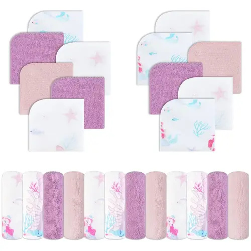 Viviland Baby Washcloths, Super Soft Baby Towels Care for Baby's Sensitive Skin, 24 Pack Kids Body Wash Face Cloth for Baby Gril, Bath Towel for Newborn and Infants, Mermaid Pattern 9 x 9 inch