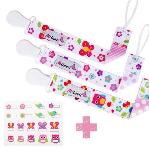 Vaci Pacifier Clip Set - Three Clips Plus 18 Name Tag Labels - Universal Paci Holder Fits Most Binky Brands And Teethers