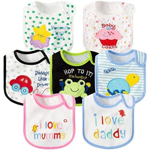 7Pcs Cotton Waterproof Baby Bibs Hook Loop Closure Newborn Bib Keepsake Baby Gift for Drooling Feeding Eating