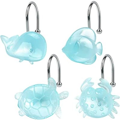 Decorative Sea Life Shower Curtain Hooks, Funny Ocean Animal Collection Cute Bathroom Décor for Kids, Glow in The Dark, Crab, Sea Turtle, Whale, and Clown Fish, Blue